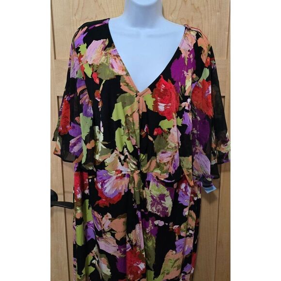 Floral multi color  Print V-Neck mock wrap Dress By London Times Woman 18W - Picture 2 of 7